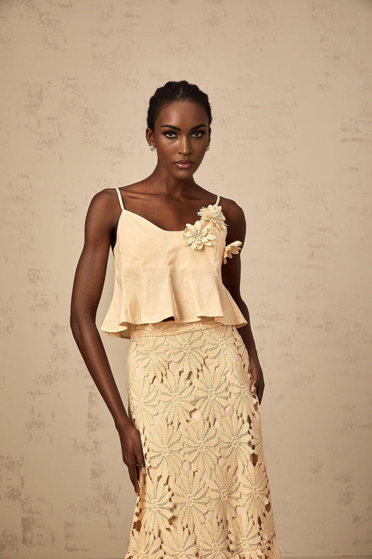 Eleanor Khaki Floral Appliqué Skirt Top Set