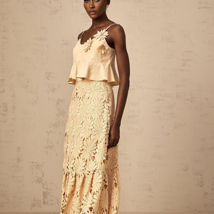 Eleanor Khaki Floral Appliqué Skirt Top Set