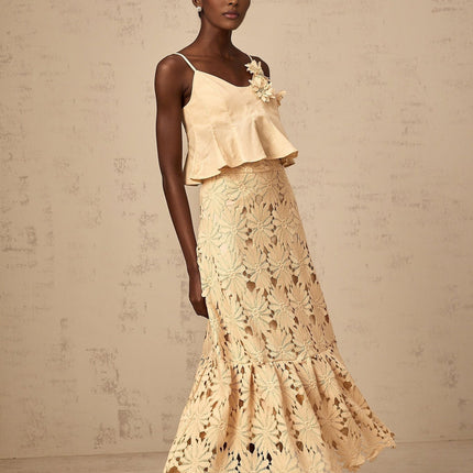 Eleanor Khaki Floral Appliqué Skirt Top Set