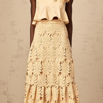 Eleanor Khaki Floral Appliqué Skirt Top Set