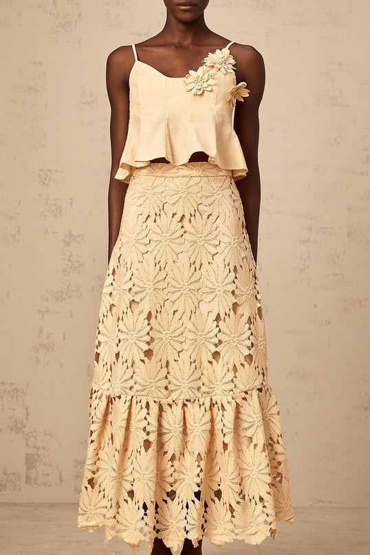 Eleanor Khaki Floral Appliqué Skirt Top Set