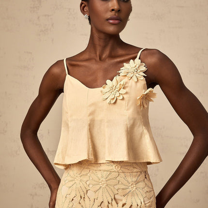 Eleanor Khaki Floral Appliqué Skirt Top Set