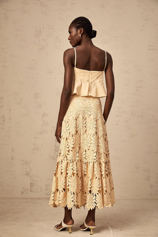 Eleanor Khaki Floral Appliqué Skirt Top Set