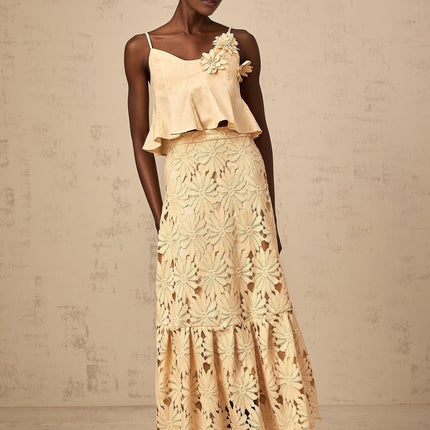 Eleanor Khaki Floral Appliqué Skirt Top Set