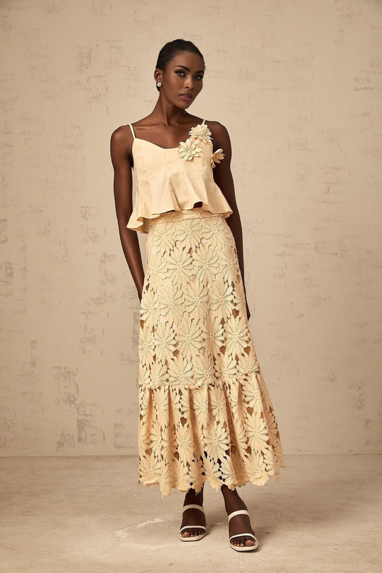 Eleanor Khaki Floral Appliqué Skirt Top Set