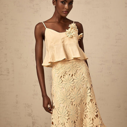 Eleanor Khaki Floral Appliqué Skirt Top Set