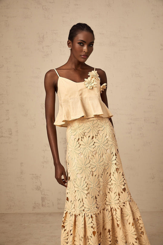 Eleanor Khaki Floral Appliqué Skirt Top Set