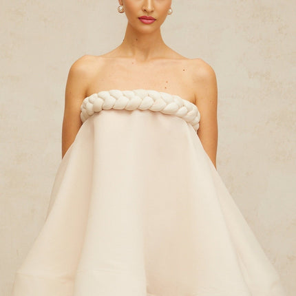 Eleanor White Mini Dress with Braid Detailing and Puff Skirt