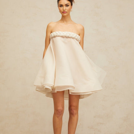 Eleanor White Mini Dress with Braid Detailing and Puff Skirt