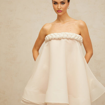 Eleanor White Mini Dress with Braid Detailing and Puff Skirt