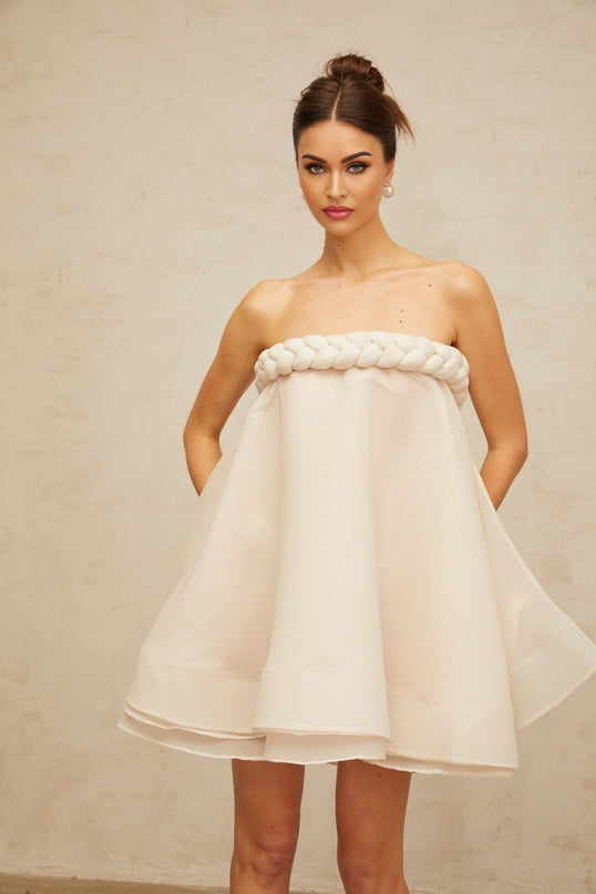 Eleanor White Mini Dress with Braid Detailing and Puff Skirt