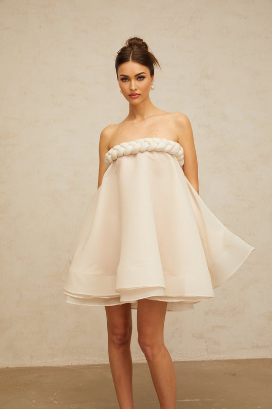 Eleanor White Mini Dress with Braid Detailing and Puff Skirt