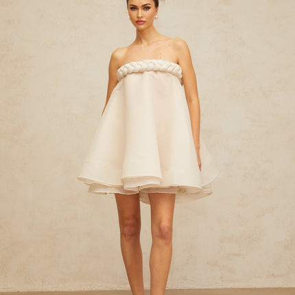 Eleanor White Mini Dress with Braid Detailing and Puff Skirt