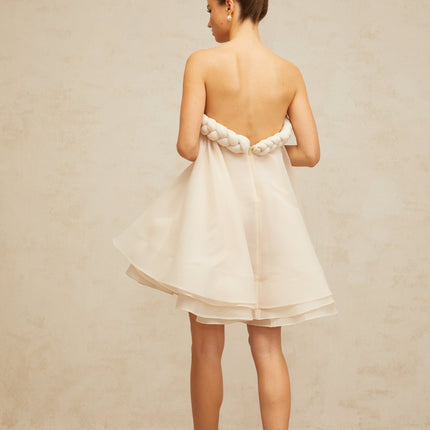 Eleanor White Mini Dress with Delicate Braid Detailing and Puff Skirt