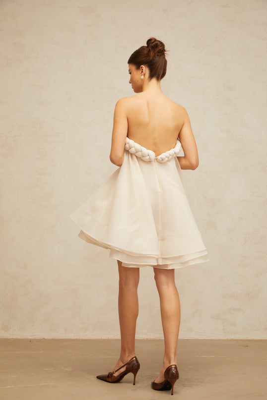 Eleanor White Mini Dress with Delicate Braid Detailing and Puff Skirt