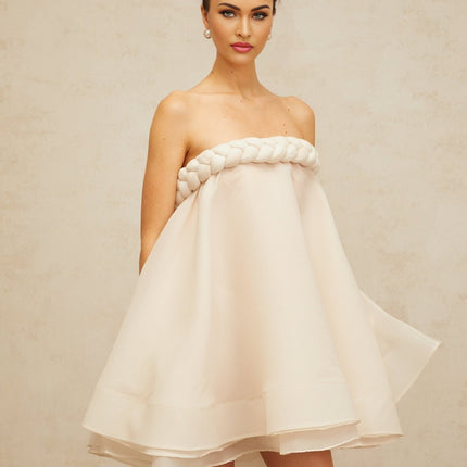 Eleanor White Mini Dress with Delicate Braid Detailing and Puff Skirt
