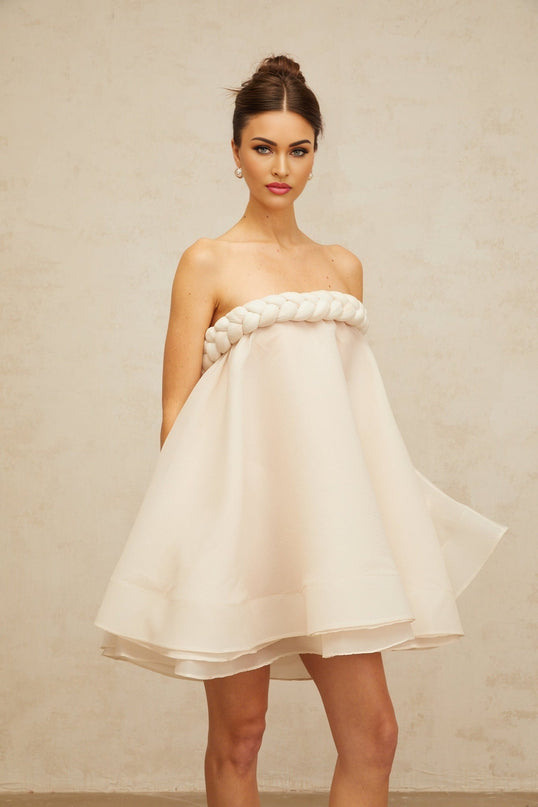 Eleanor White Mini Dress with Delicate Braid Detailing and Puff Skirt