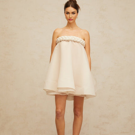 Eleanor White Mini Dress with Braid Detailing and Puff Skirt