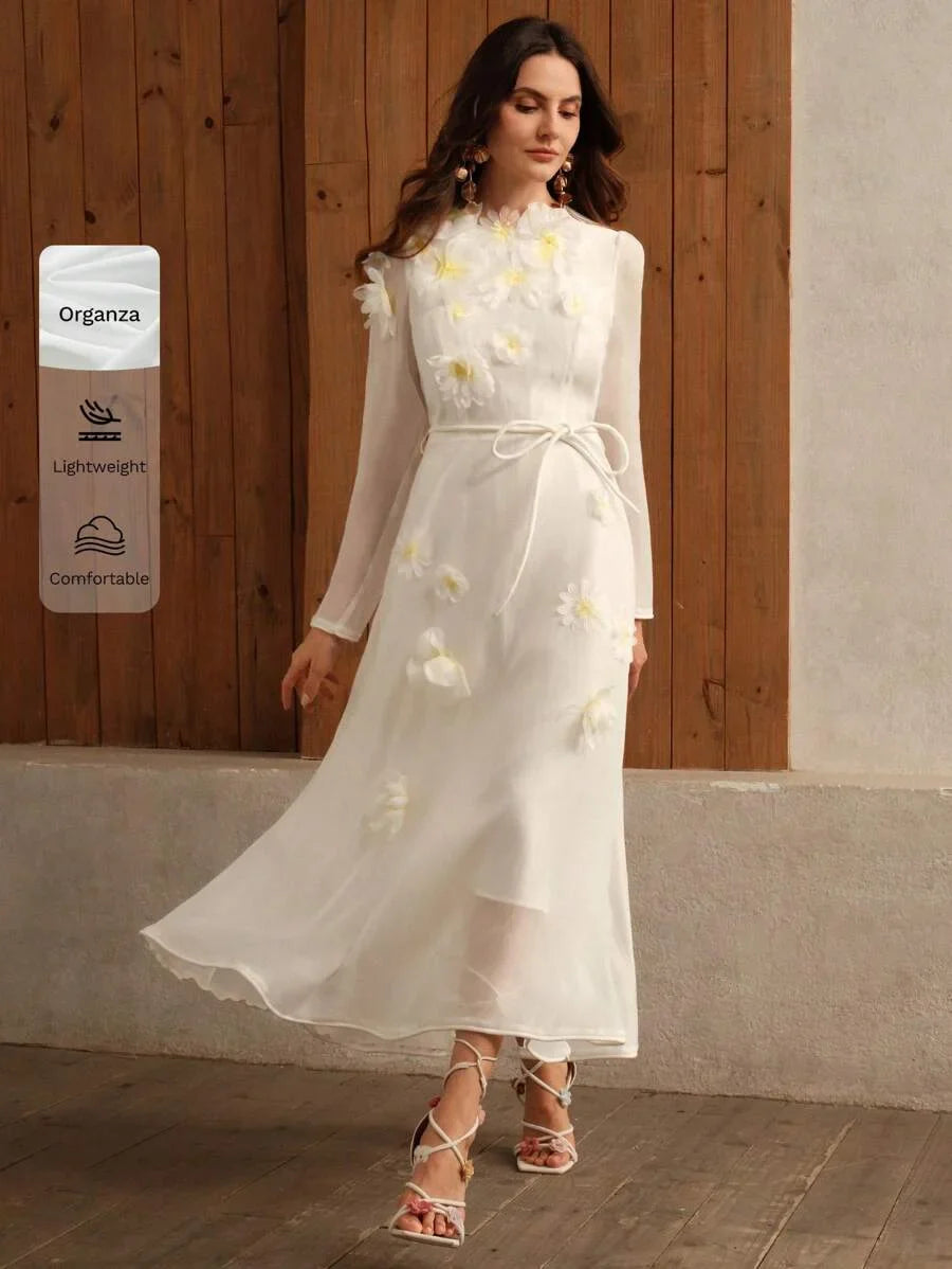 Elegant 3D Daisy Decor Organza Long Sleeve Midi Dress With Vacation Vibe