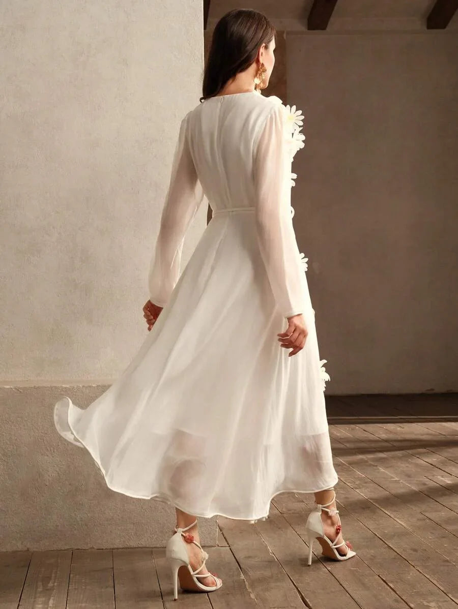 Elegant 3D Daisy Decor Organza Long Sleeve Midi Dress With Vacation Vibe