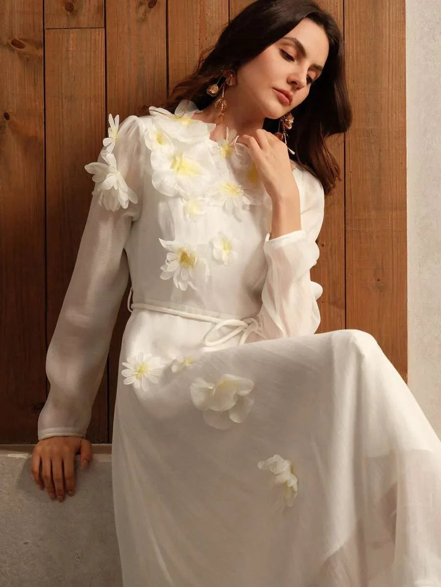 Elegant 3D Daisy Decor Organza Long Sleeve Midi Dress With Vacation Vibe