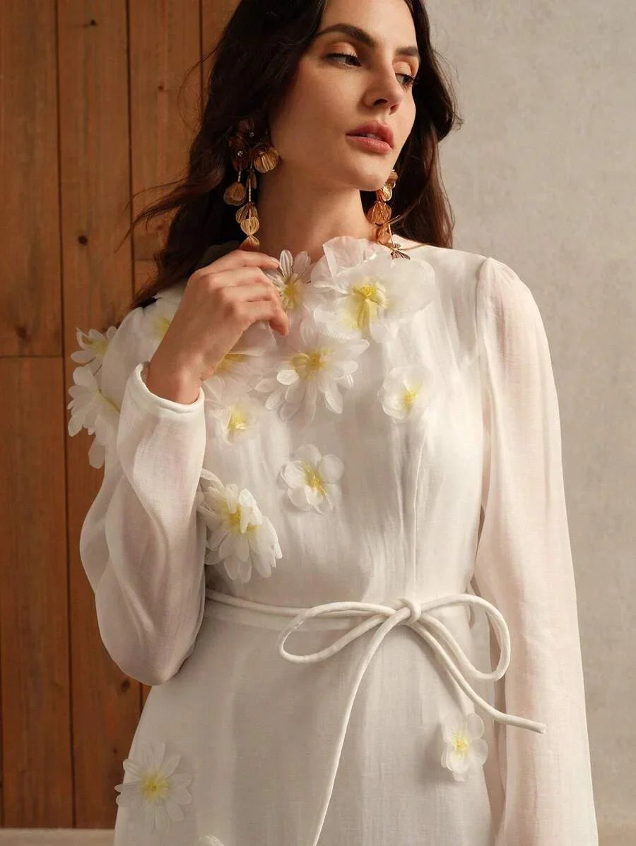 Elegant 3D Daisy Decor Organza Long Sleeve Midi Dress With Vacation Vibe