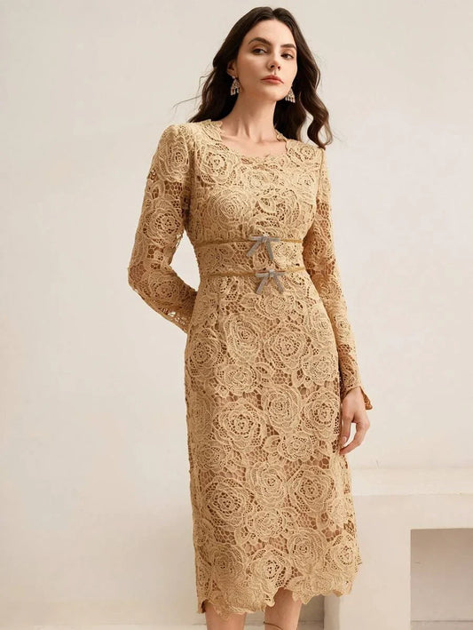 Elegant amp Graceful Khaki Lace Long Sleeve Fitted Dress