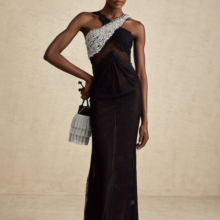 Elegant black maxi dress with crystal embellishments and crossover design