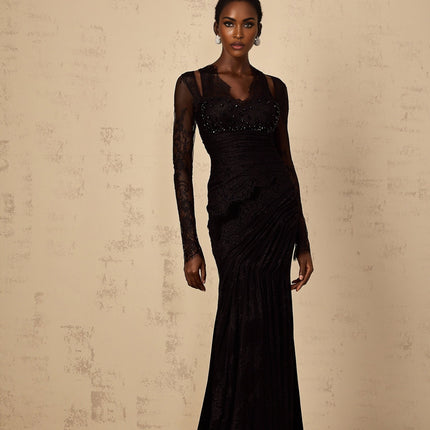 Elegant black mermaid style maxi dress with floral lace overlay named Ursula