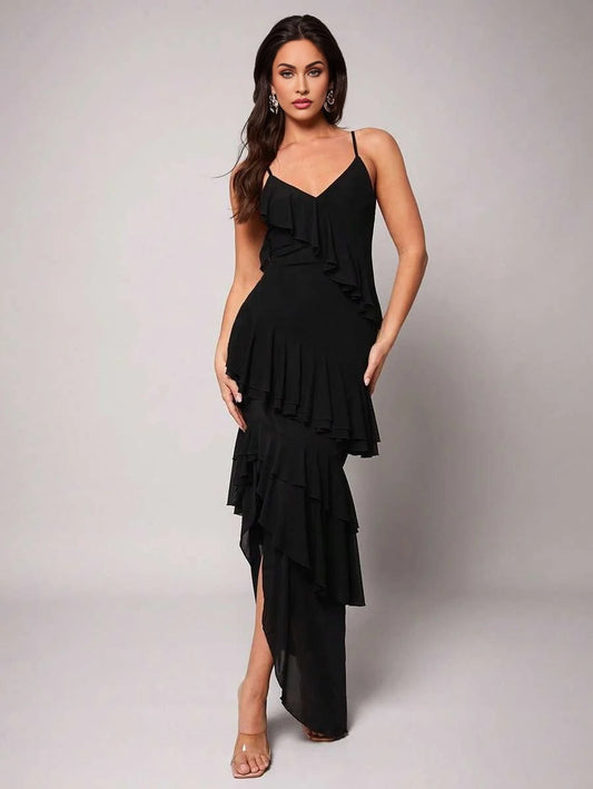 Elegant Black MultiLayer Ruffle Romantic VNeck Slit Dress Suitable For Valentines Day Dates Sexy