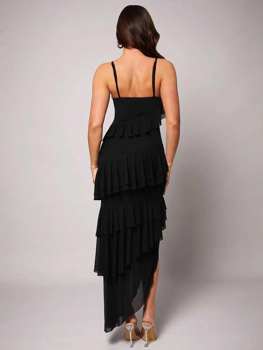 Elegant Black MultiLayer Ruffle Romantic VNeck Slit Dress Suitable For Valentines Day Dates Sexy