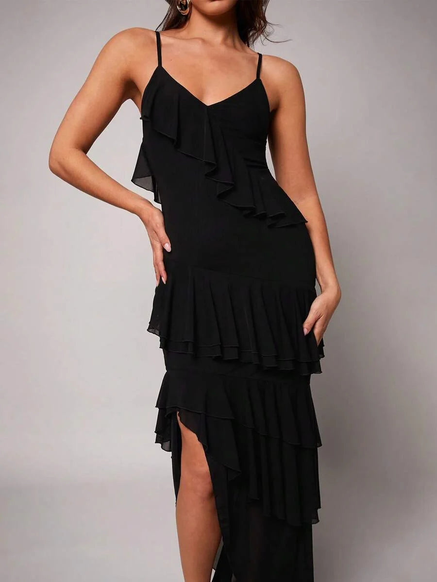 Elegant Black MultiLayer Ruffle Romantic VNeck Slit Dress Suitable For Valentines Day Dates Sexy