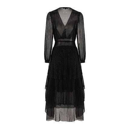 Elegant Black Pleated Maxi Dress with Sheer Sleeves and Waistband
