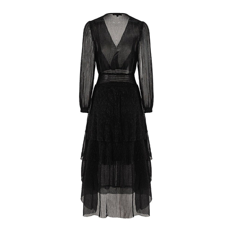 Elegant Black Pleated Maxi Dress with Sheer Sleeves and Waistband