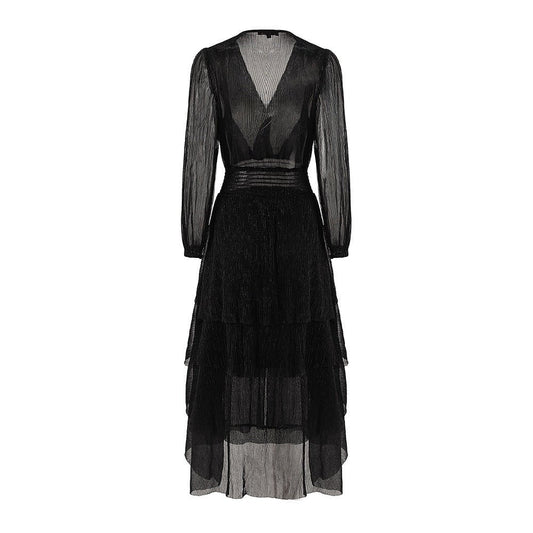 Elegant Black Pleated Maxi Dress with Sheer Sleeves and Waistband