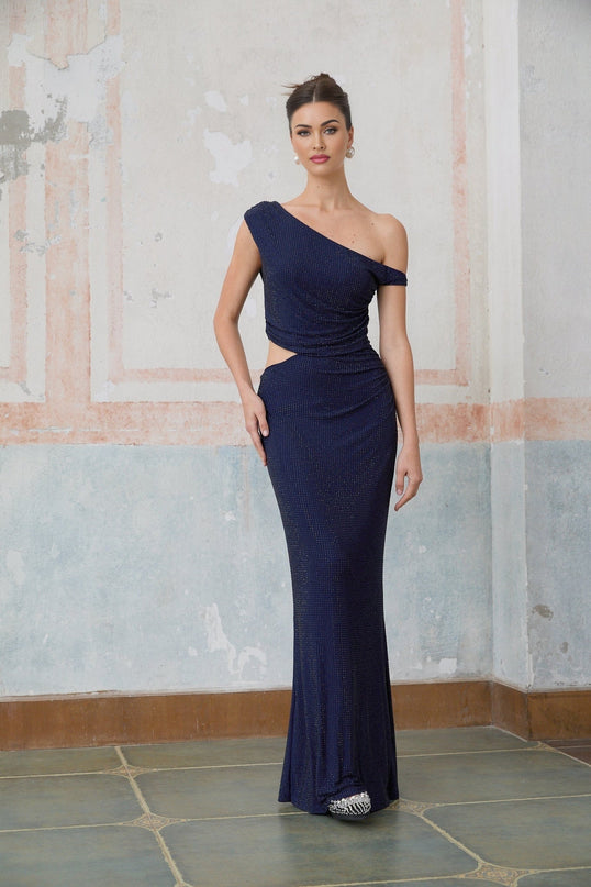 Elegant blue floorlength dress with rhinestone embellishments and strategic cutouts