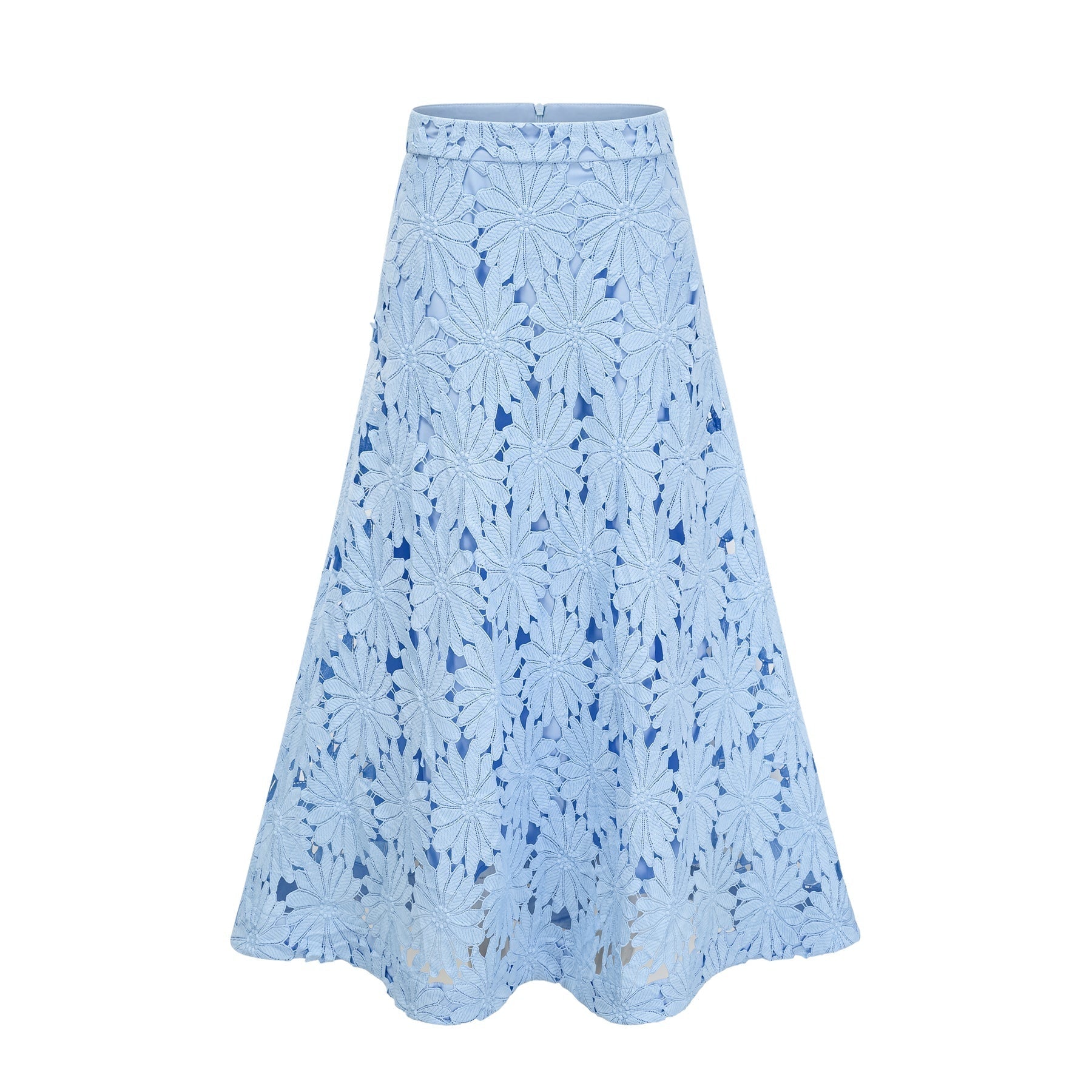 Elegant blue lace matching set featuring a top and skirt in Audrey style with guipure lace pattern