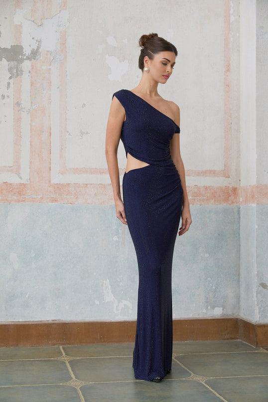 Elegant blue maxi dress with rhinestone embellishments and strategic cut out details