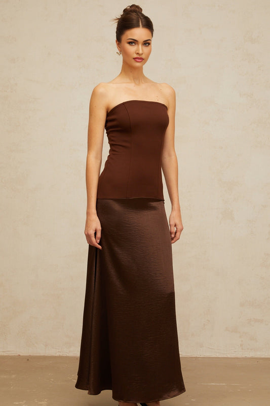 Elegant brown maxi dress with offshoulder design and satin panel detailing