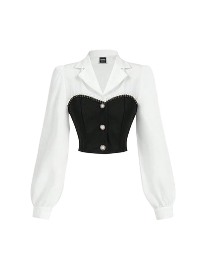 Elegant Casual 2 In 1 Stitching Fitted Women Crop Top in black and white