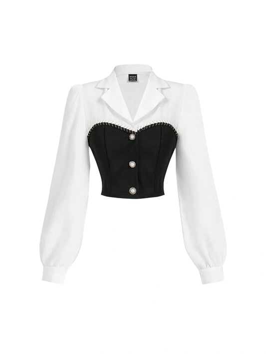 Elegant Casual 2 In 1 Stitching Fitted Women Crop Top in black and white