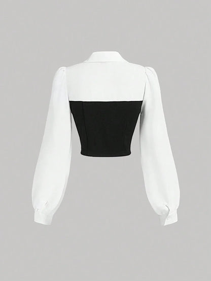 Elegant Casual 2 In 1 Stitching Fitted Women Crop Top in black and white
