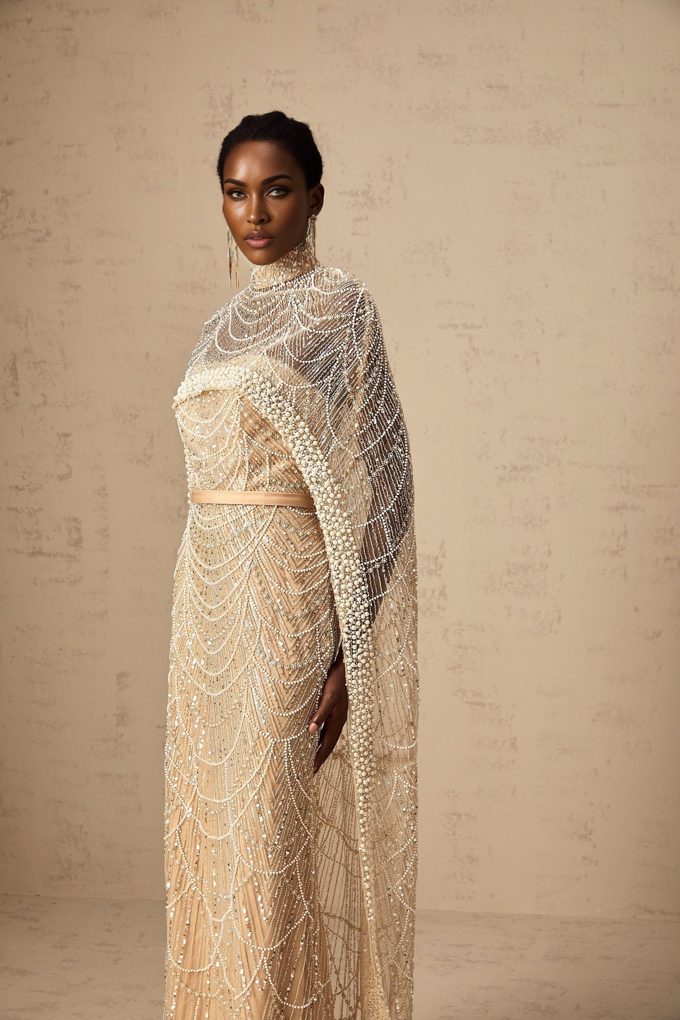 Elegant champagne gown with matching beaded cape Frederica set formal evening wear full length dress with sheer cape overlay