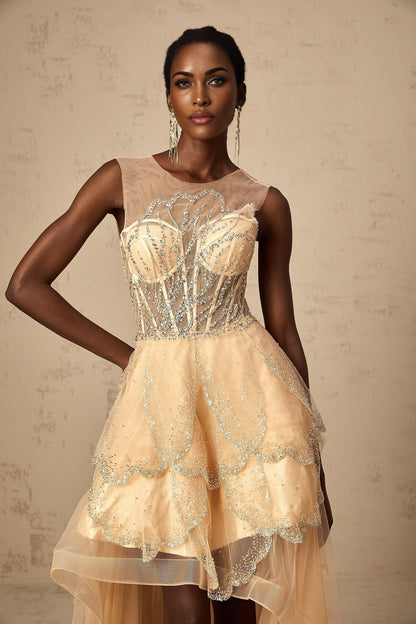 Elegant champagnecolored gown with daisy embellishments and highlow hemline
