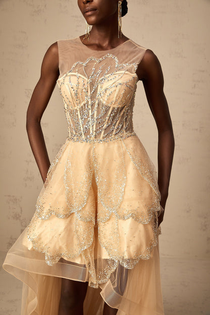 Elegant champagnecolored gown with daisy embellishments and highlow hemline