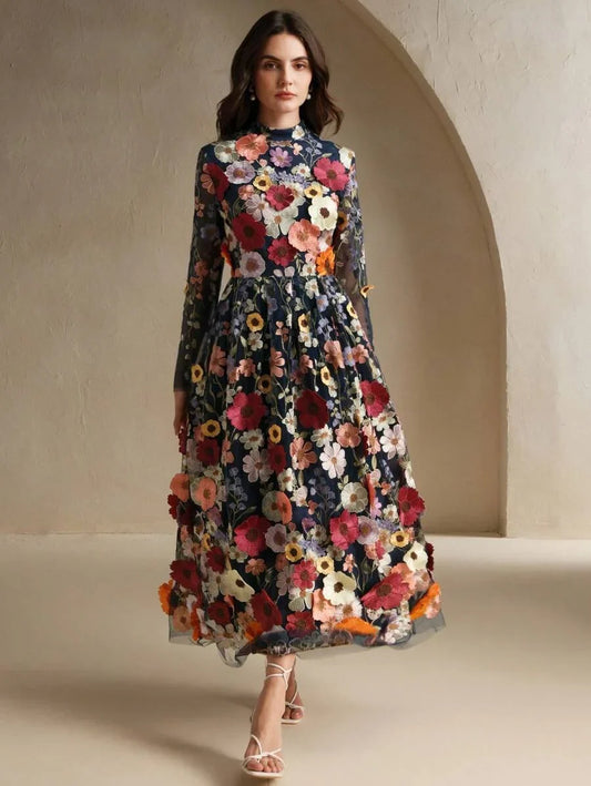 Elegant Christmas 3D Floral Embroidery Dress VNeck HighLow Hem Long Gown For Women New Year Party