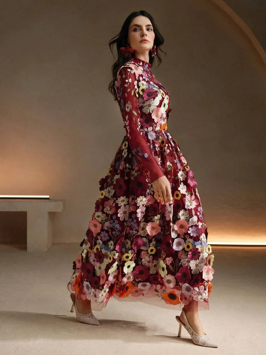 Elegant Christmas 3D Flower Embroider Deep VNeck Long Dress With Flared Hem For Women Burgundy Maxi