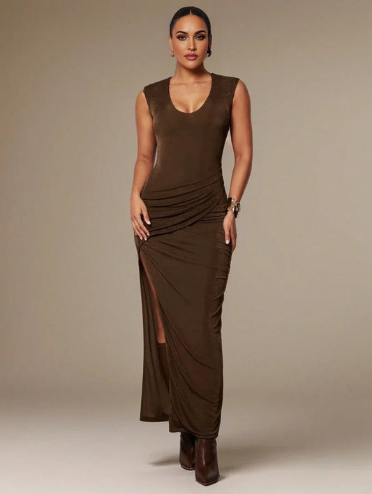 Elegant Commuting Party Solid Color Dark Brown Round Neck Sleeveless Stretch Knitted DoubleLayer