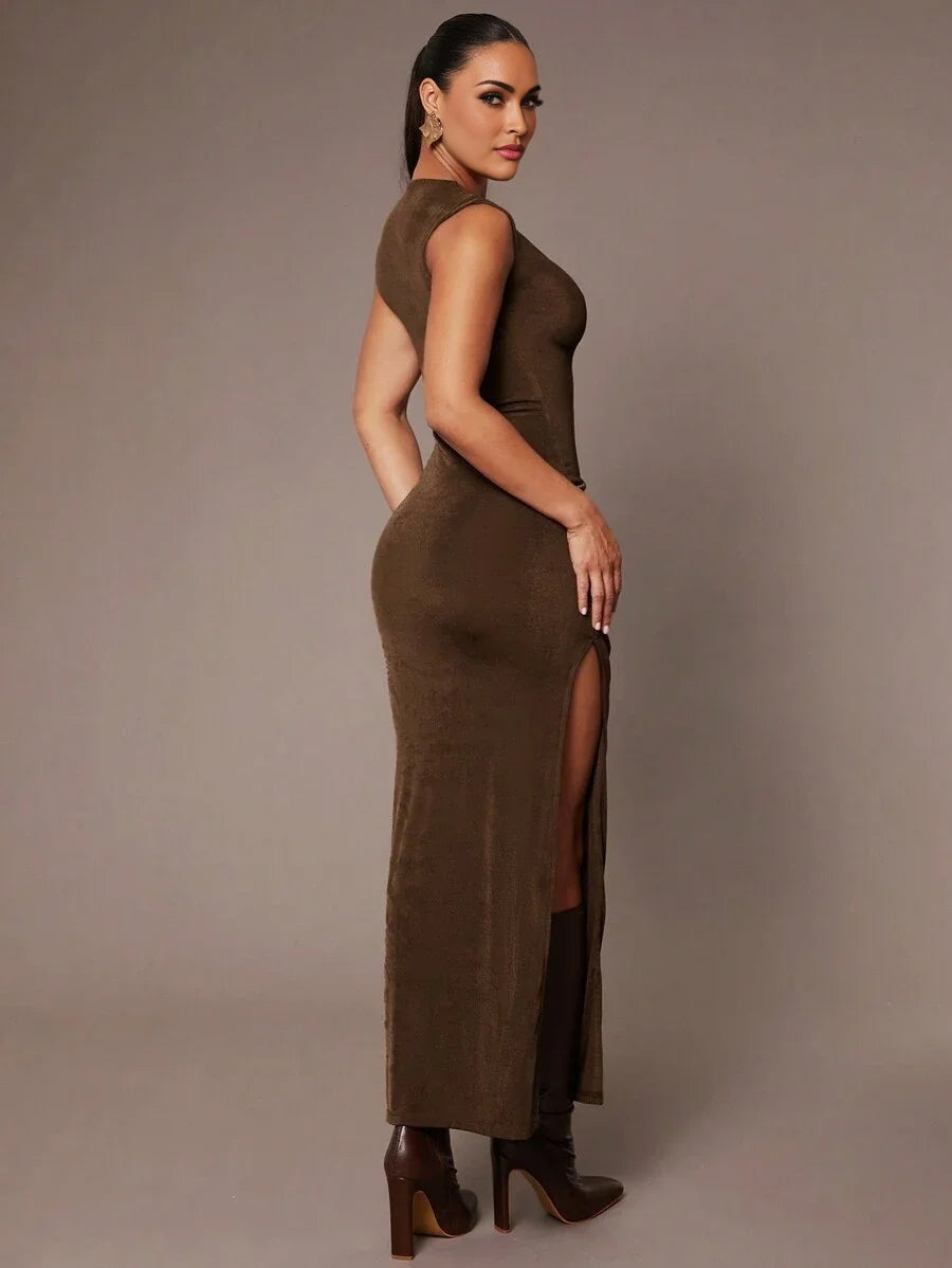 Elegant Commuting Party Solid Color Dark Brown Round Neck Sleeveless Stretch Knitted DoubleLayer