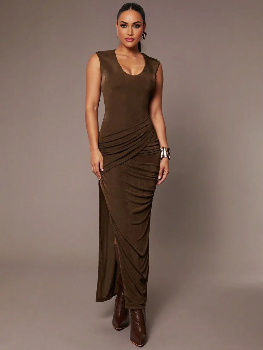 Elegant Commuting Party Solid Color Dark Brown Round Neck Sleeveless Stretch Knitted DoubleLayer
